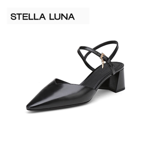 新款 2023春季 包头半凉鞋 时尚 STELLA 尖头真皮粗跟露跟鞋 LUNA女鞋
