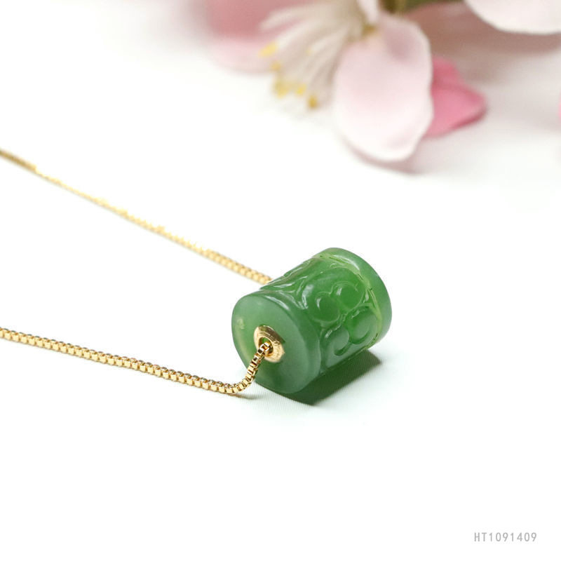 【喜爱】 天然和田玉碧玉路路通吊坠菠菜绿回纹珠项链HT1091409
