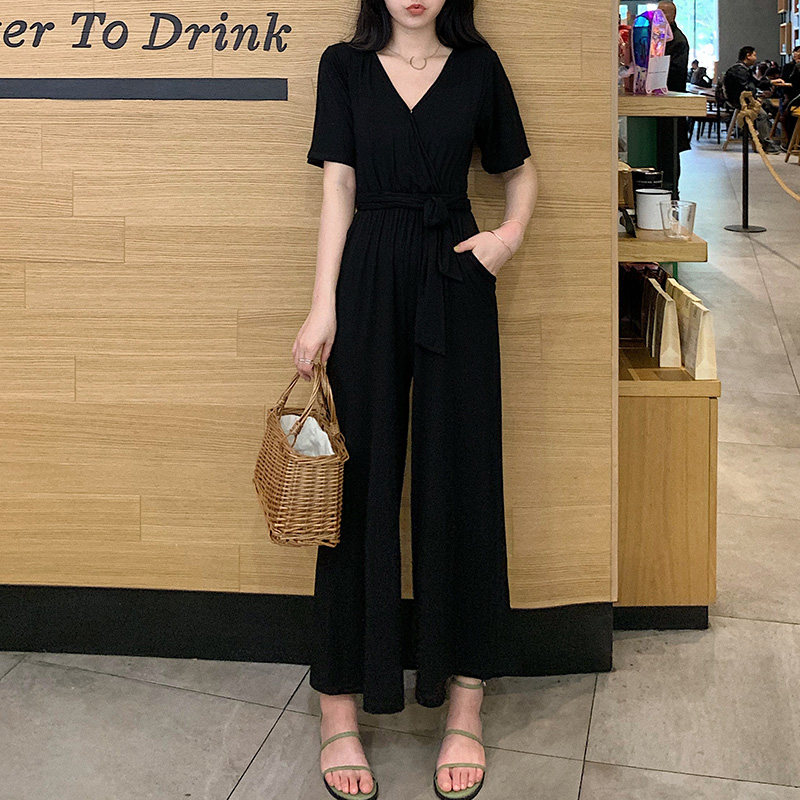 韩版休闲V领短袖复古高腰修身连衣阔腿裤春夏女2022新款连体裤子