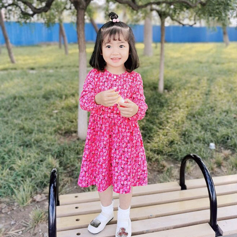 2-8岁 法单春夏款女孩小童柔软人棉玫红色碎花长袖连衣裙娃娃裙子