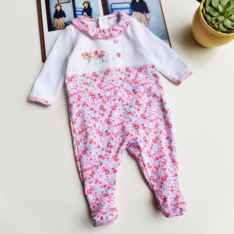 法单S家 纯原 婴幼新生儿女宝纯棉碎花翻领连体衣包脚爬服0-2岁