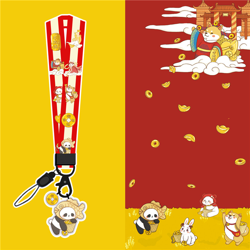 原创暴富财神熊猫捡钱手机挂绳长款挂脖卡通招财钥匙扣短手绳女