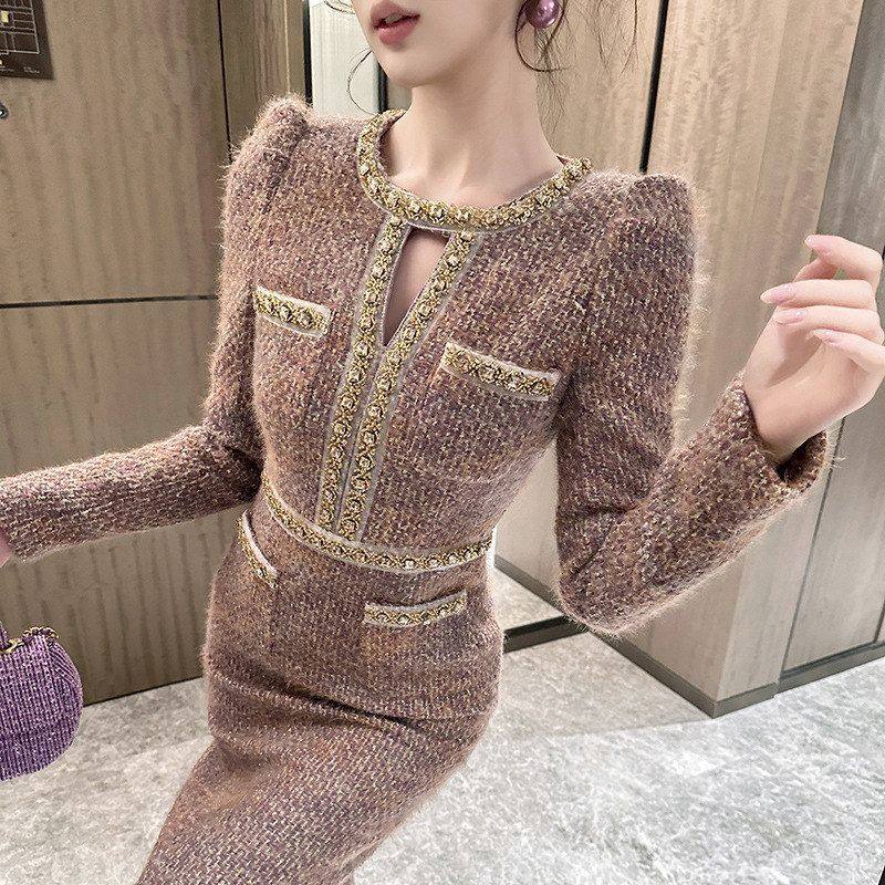 2025冬装新款女装法式小香风镶钻连衣裙长袖收腰拉链粉色高端