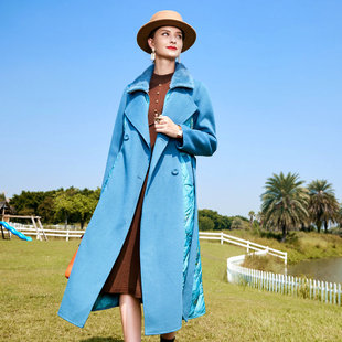 双面呢拼接白鹅绒羽绒服女2022冬季新款中长款蓝色水貂毛领外套