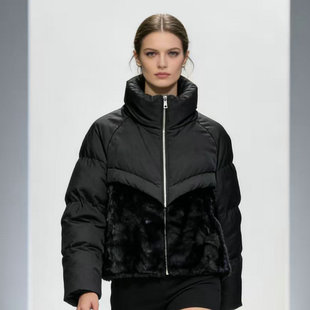 卡米兰奢华纯色短款皮草拼接羽绒服女2025冬季新款高级感鹅绒服女