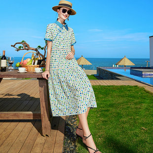 波点全棉连衣裙女2022年夏季新款中长款复古短袖桑蚕丝印花裙子