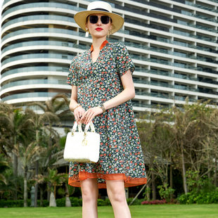 卡米兰短袖连衣裙女 2021年春季新款手工钉珠印花中长裙宽松A字裙