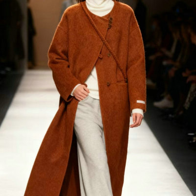 卡米兰2025新款秋带挎包长款羊驼毛大衣女双面羊绒高级感毛呢外套