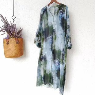 [桑蚕丝]印花连衣裙女2025春夏季新款中长款七分袖拼接A字裙