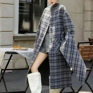 卡米兰2025秋冬款复古格纹双面穿大衣女中长款宽松显瘦羊毛外套