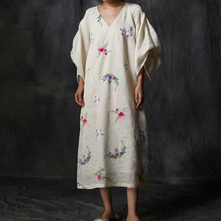 [亚麻]绣花连衣裙女2025春夏新款中长款七分袖度假A字裙