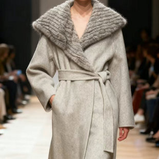 卡米兰编织水貂毛领高端双面羊绒大衣女长款高级感皮草披肩外套冬