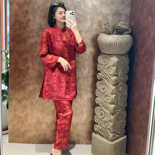2025春秋季新款新中式国风桑蚕丝提花斜襟纽扣系带上衣+裤子套装