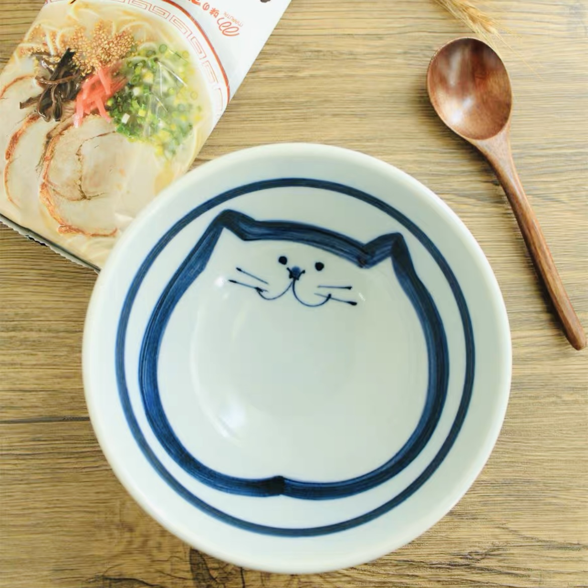 日本制美浓烧猫脸大碗陶瓷猫咪手绘汤碗泡面碗海军蓝丼餐具名调