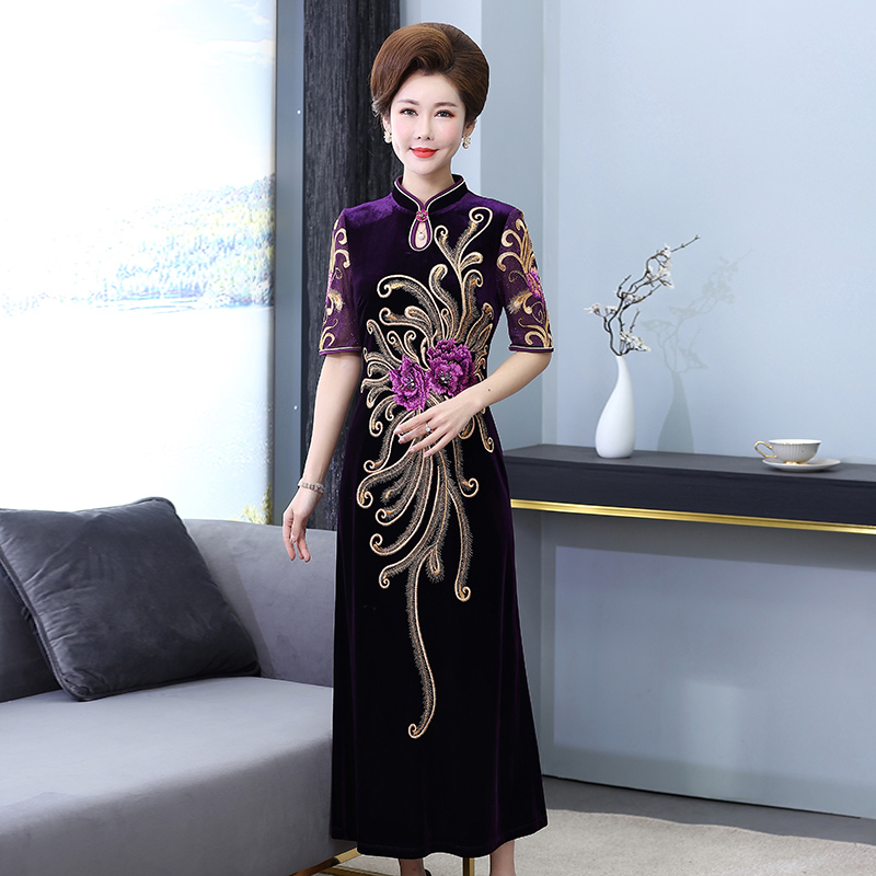 Biyang Improved Edition High -end Cheongsam Women's temperament Mother Long Embroidery Elegant 2020 New EP31069B