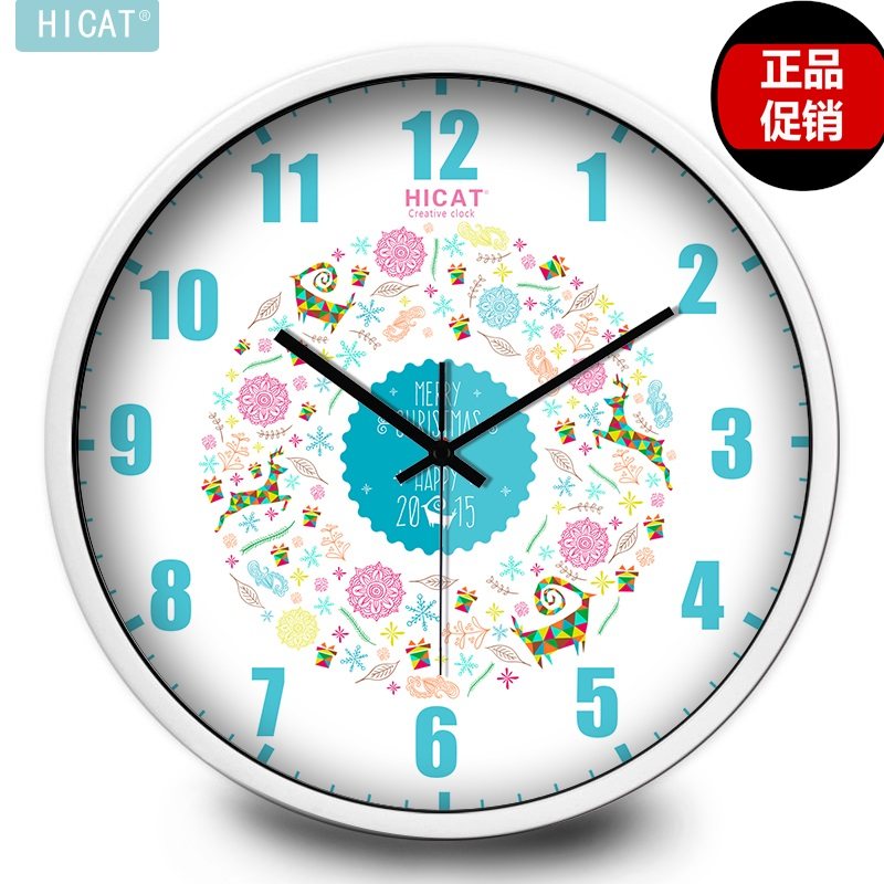 HICAT疯小猫小清新挂钟圣诞温馨客厅壁挂个性创意电子静音石英钟,家居饰品,挂钟,淘宝优惠券,粉丝福利购,淘宝优惠卷