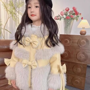 女童仿皮草外套冬季新款洋气毛领蝴蝶结加绒保暖大衣时尚皮衣加厚