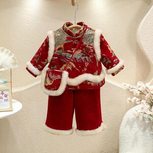 高端女童冬季新款加绒加厚汉服套装儿童重工刺绣国风拜年服两件套
