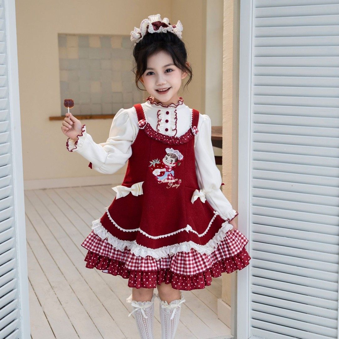 高端女童秋冬洛丽塔红色拜年服加绒连衣裙儿童荷叶边蝴蝶结吊带裙