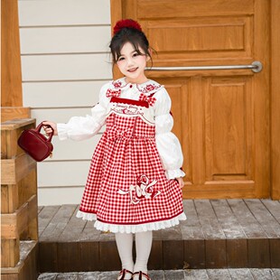 高端女童秋冬新款甜美可爱风洛丽塔加绒连衣裙儿童泡泡袖衬衫套装