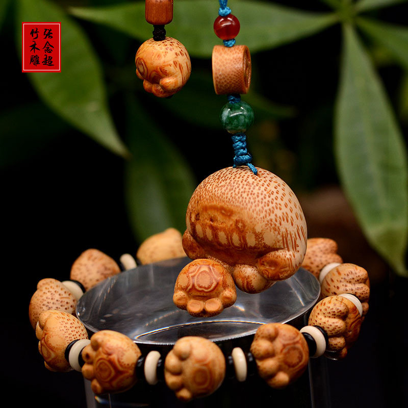 精选竹根雕猫爪挂坠竹雕猫脚手串可爱挂件手捻包挂钥匙挂车挂配件