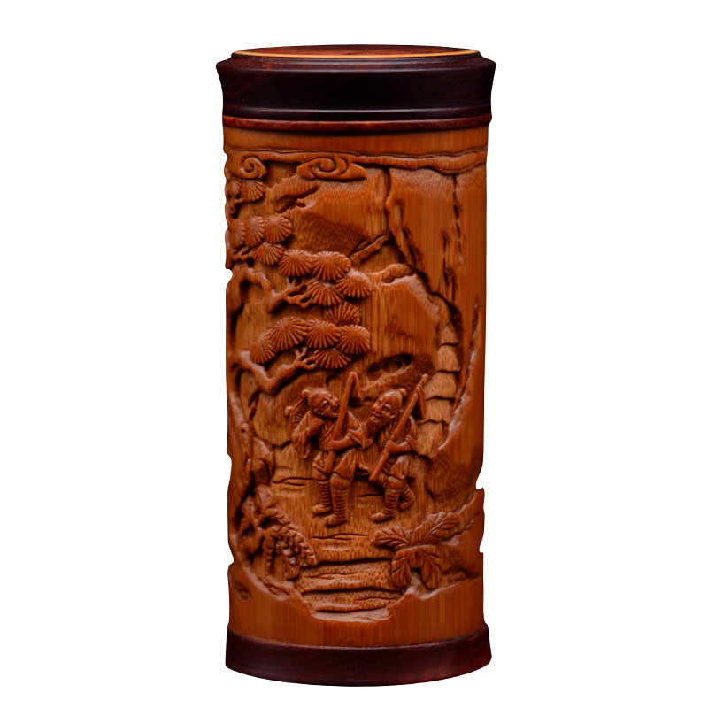 名家张念超竹雕茶叶罐竹筒渔樵耕读茶叶筒竹制密封罐存茶罐竹制品