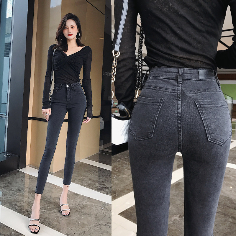 显腿细深灰色低弹小脚牛仔裤女2023毛边显瘦小个子网红穿搭铅笔裤