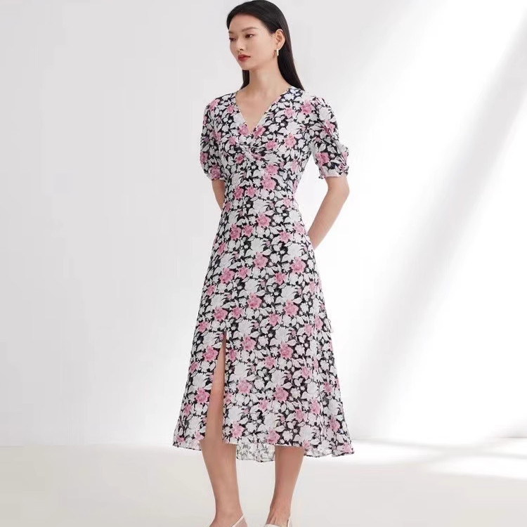 EP春夏新品优雅V领桑蚕丝收腰收腰长款连衣裙EGJES4606A-4299