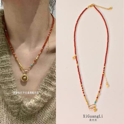 天然南红项链本命年多圈手链可拆卸黄金吊坠挂绳 吸金星毛衣链女