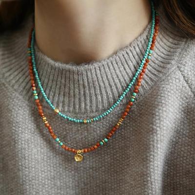 新中式天然南红国风项链绿松石手作串珠锁骨链纯银镀金吊坠坠项链