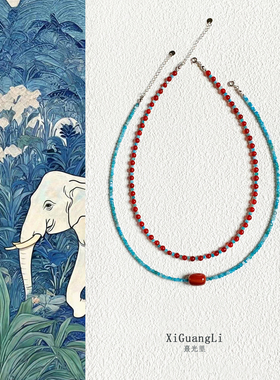 天然红玛瑙项链轻奢高级感小众颈链女国风叠戴蓝色磷灰石锁骨链女