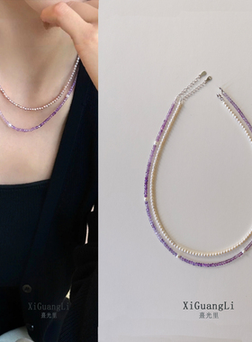 原创紫水晶项链女紫晶s925银项链叠戴时尚天然淡水珍珠极细锁骨链
