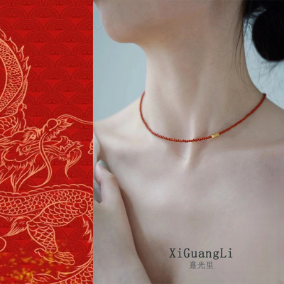 原创国风天然南红项链柿子红中国简约文艺本命年锁骨链女生礼物