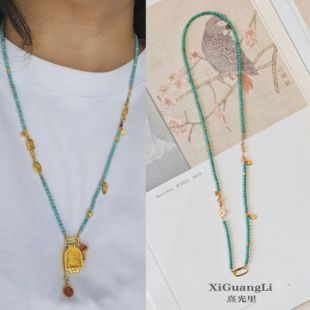绿松石项链多宝串珠毛衣链长款项链可拆卸万能扣黄金吊坠多用挂绳