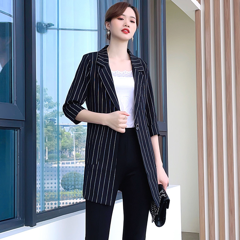 薄款小西装外套女夏季新款休闲条纹大码修身中长款白色仿亚麻西服