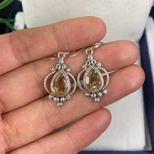 925纯银镶天然黄水晶耳坠 耳环 尼泊尔进口