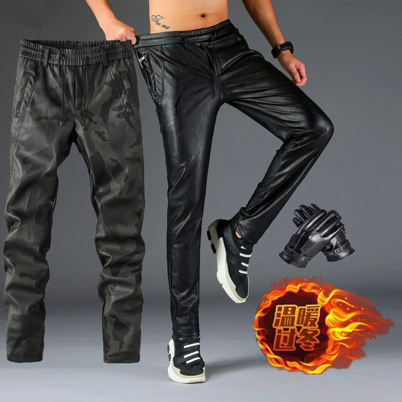 迷彩皮裤男机车款修身松紧腰韩版潮摩托车防风防水小脚一体绒皮裤