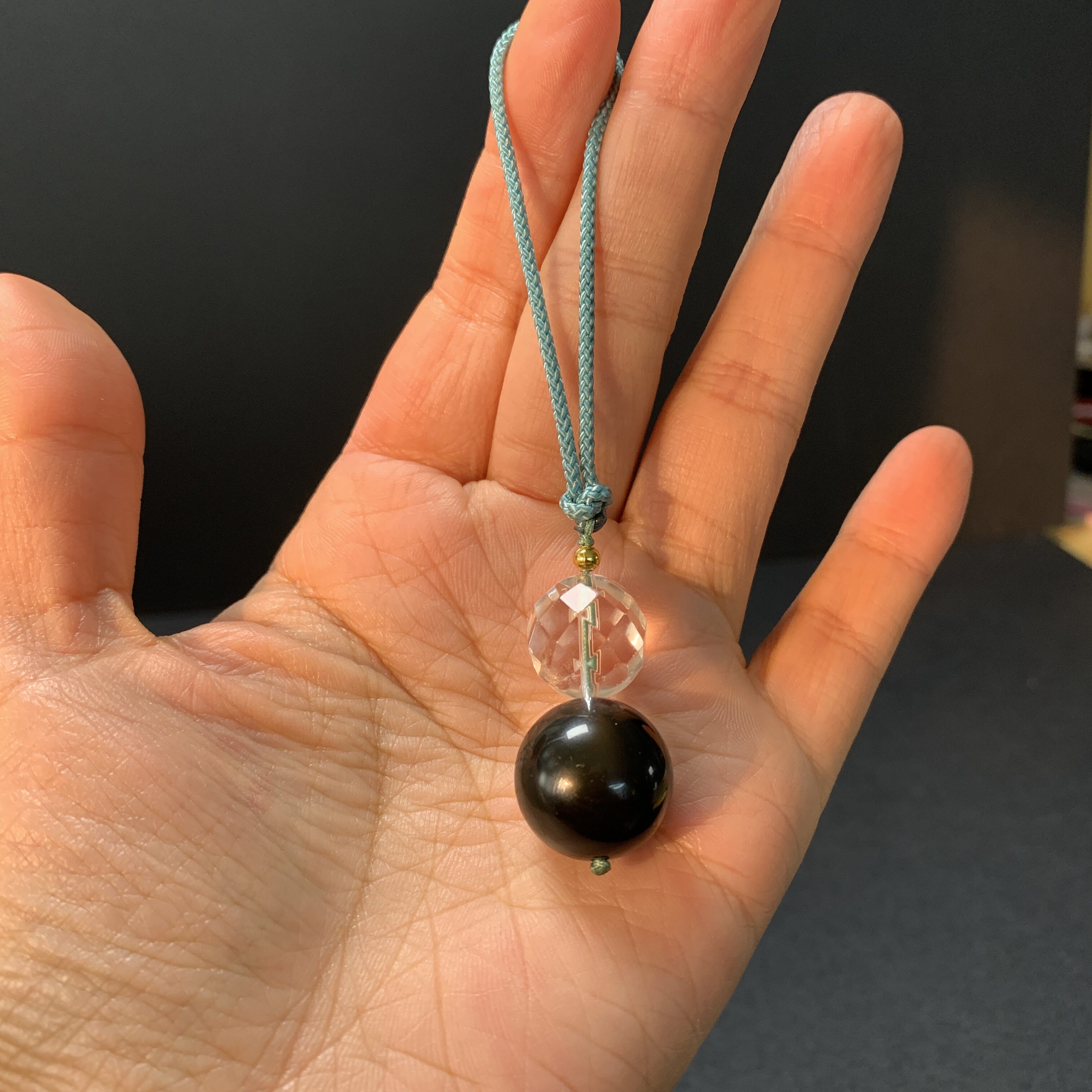 原创天然黑曜石手机挂件白水晶金水包挂钥匙扣黑曜石白水晶球挂件