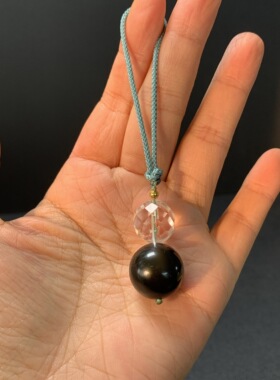 原创天然黑曜石手机挂件白水晶金水包挂钥匙扣黑曜石白水晶球挂件