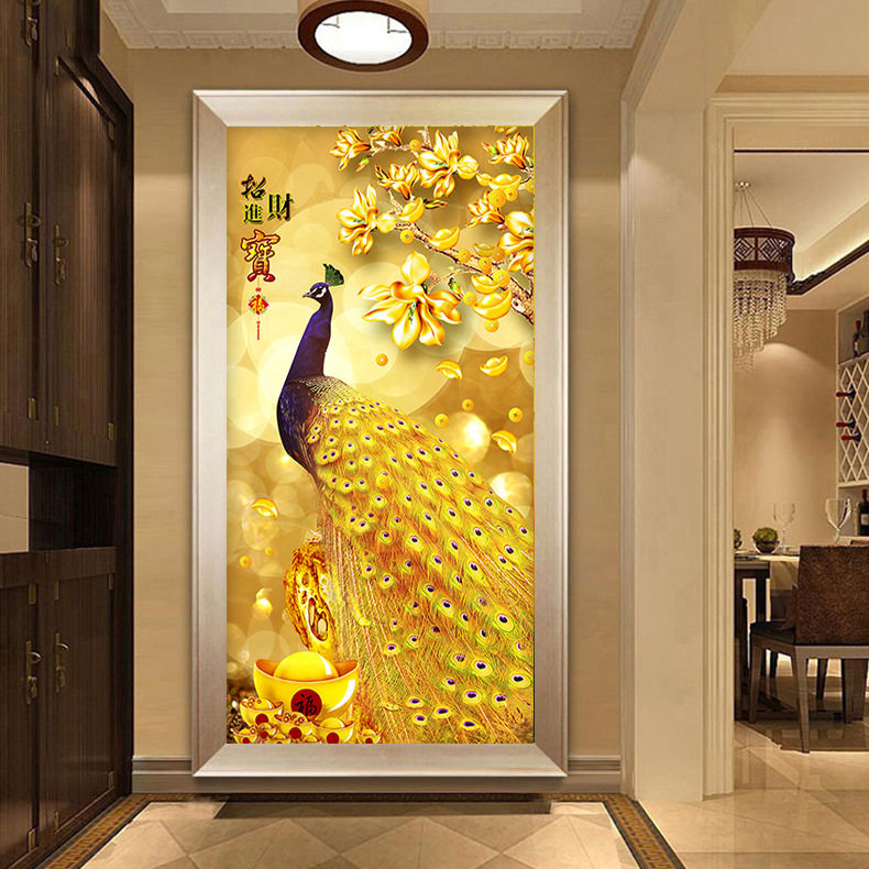 2019新款5d魔方圆钻石画十字绣客厅玄关北欧黄金吉祥孔雀竖款满钻