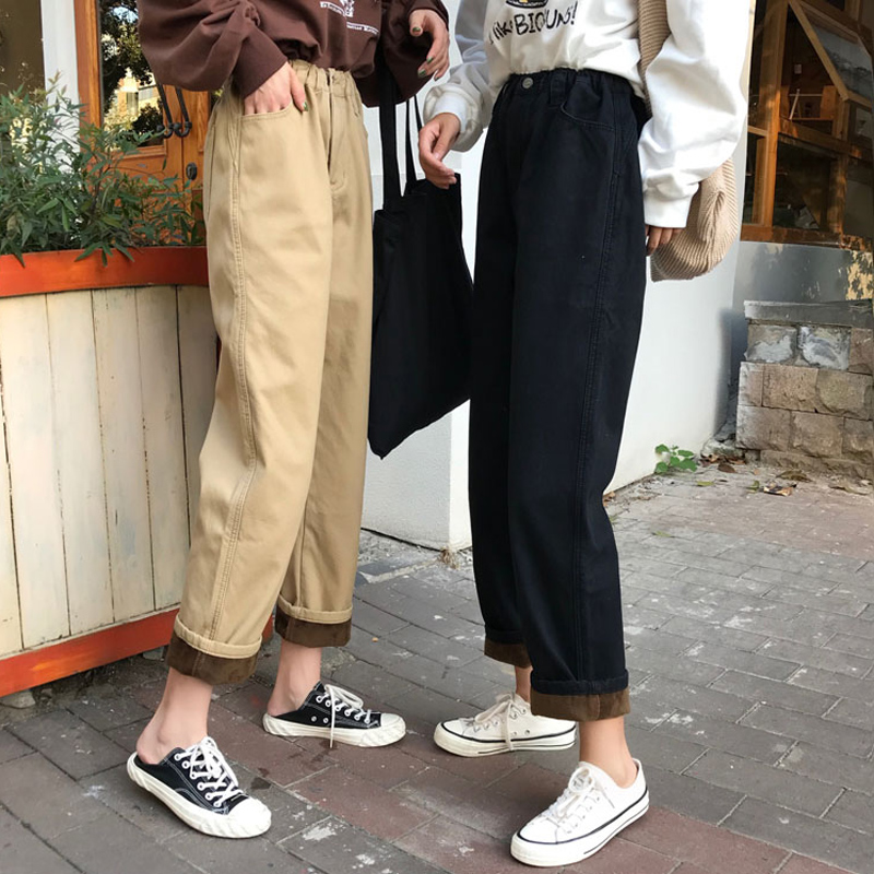 秋冬韩版chic高腰加厚加绒宽松外穿怪味少女复古阔腿直筒牛仔裤女