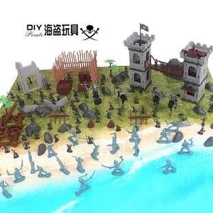 DIY海盗士兵场景套装古罗马兵人玩具带地图男孩礼物拼装城堡