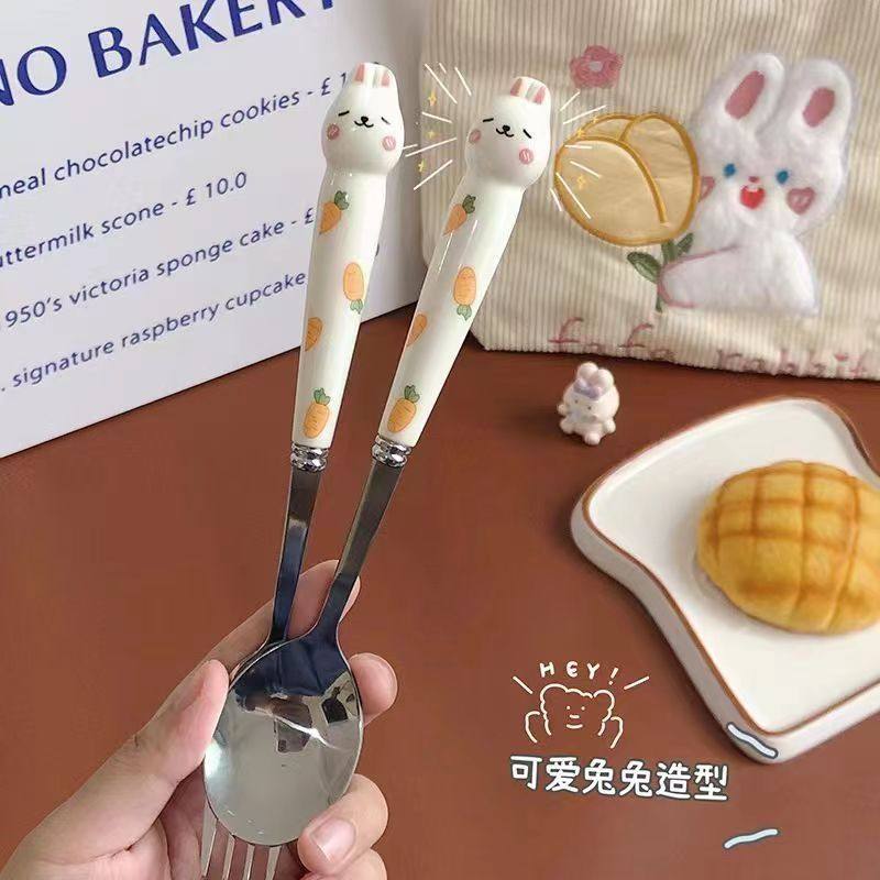 兔子卡通餐具可爱不锈钢三件套便捷式学生户外勺子叉筷盒礼品套装