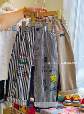 DD涂鸦日系条纹潮牌卡通男童女童长裤春秋款儿童纯棉裤子休闲裤子