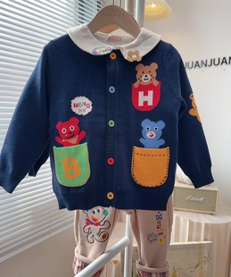 福利!日系麻子熊开衫 儿童秋款针织小熊毛衣男女童开衫藏青色