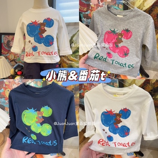 日系番茄小熊的卡通印花长袖T恤衫 春秋款男女童白T恤衫打底衣