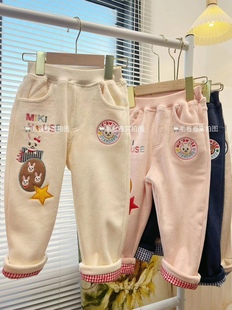 软丝绒小熊加绒徽章裤 儿童秋冬厚款裤子男女童刺绣小熊小兔长裤