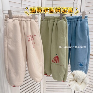 软绵绵的儿童加绒裤子秋冬款男女童厚宝宝保暖长裤可爱卡通刺绣裤