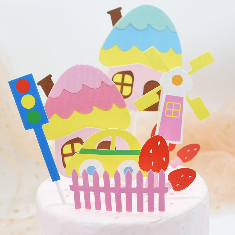 糖果色卡通房子纸卡蘑菇小汽车红绿灯插牌路标路障摆件蛋糕装饰品