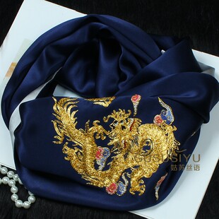 2025新款民族风龙文化图腾盘金刺绣围巾男士真丝丝巾送外宾伴手礼